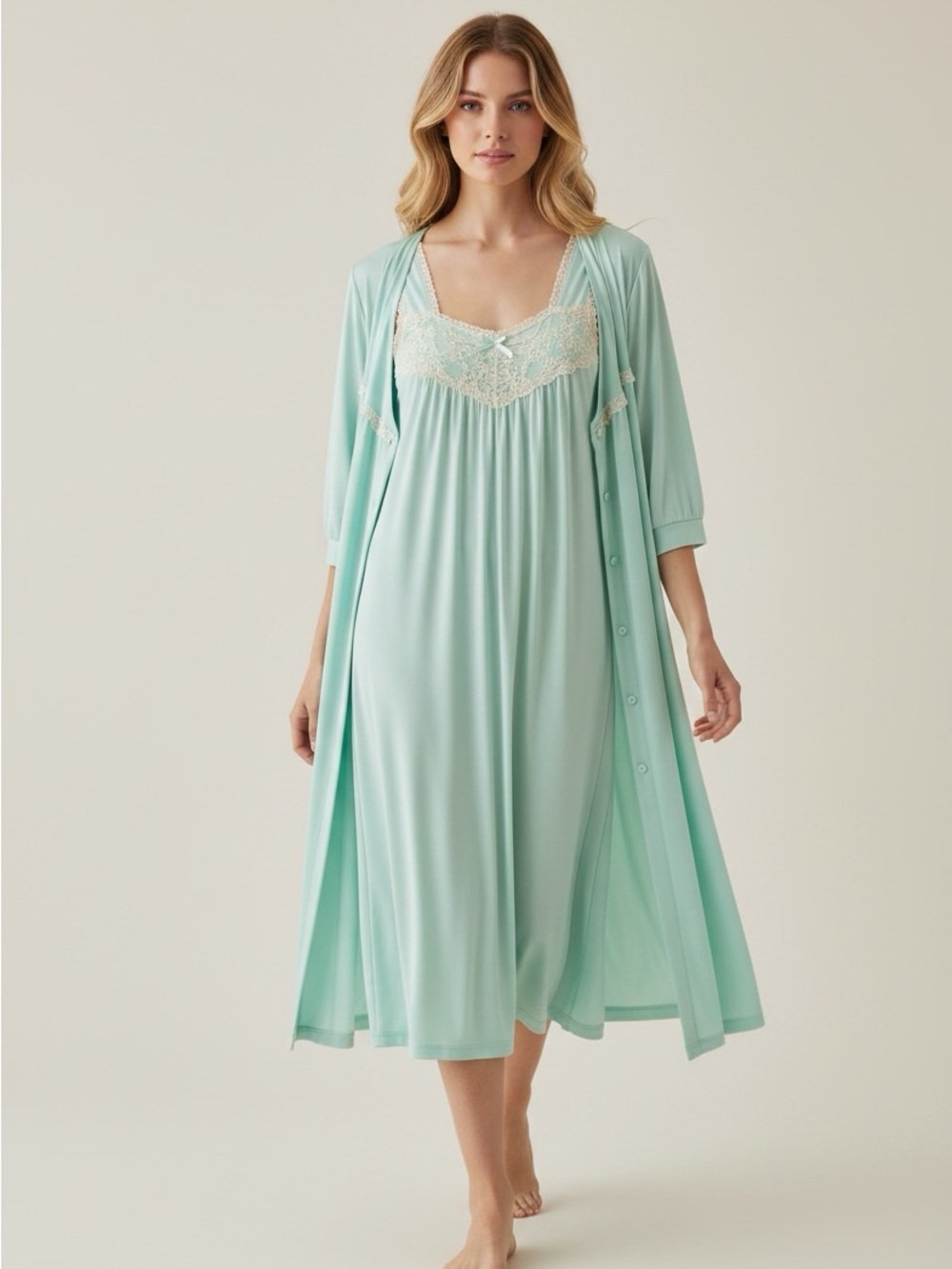 Vintage Miss Elaine Collette Deadstock NWT Aqua Robe Nightgown Set USA L